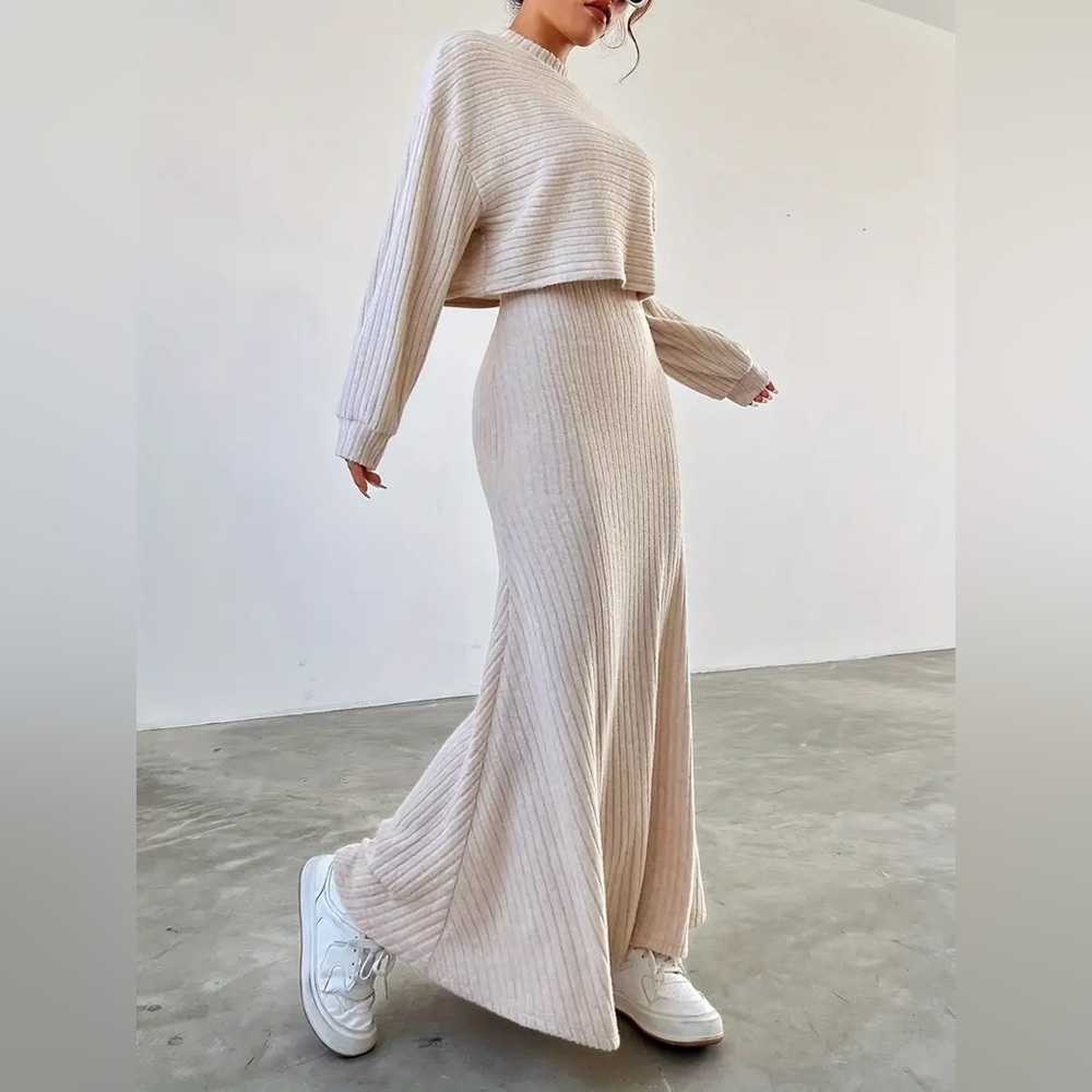 NEW Cozy Cream Tiered Two Piece Knit Ribbed Sweater Dress Set Cropped SOFT